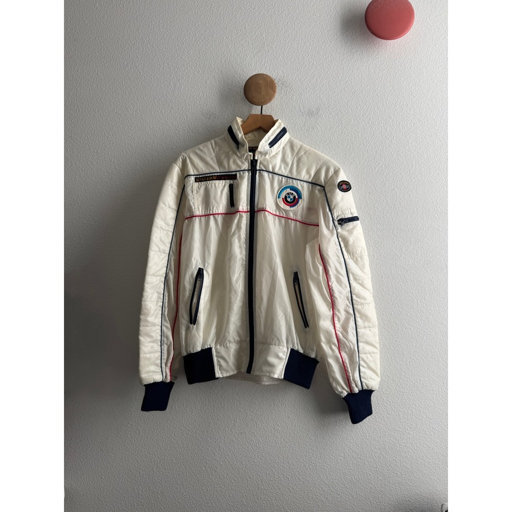 Vintage Style Auto BMW Racing White Nylon Bomber Windbreaker Jacket Mens Medium